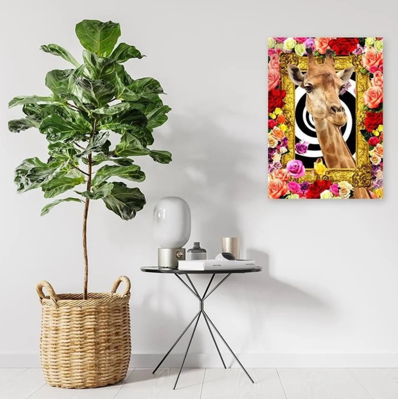 Feeby Obraz na płótnie, Żyrafa i kolorowe róże 40x60