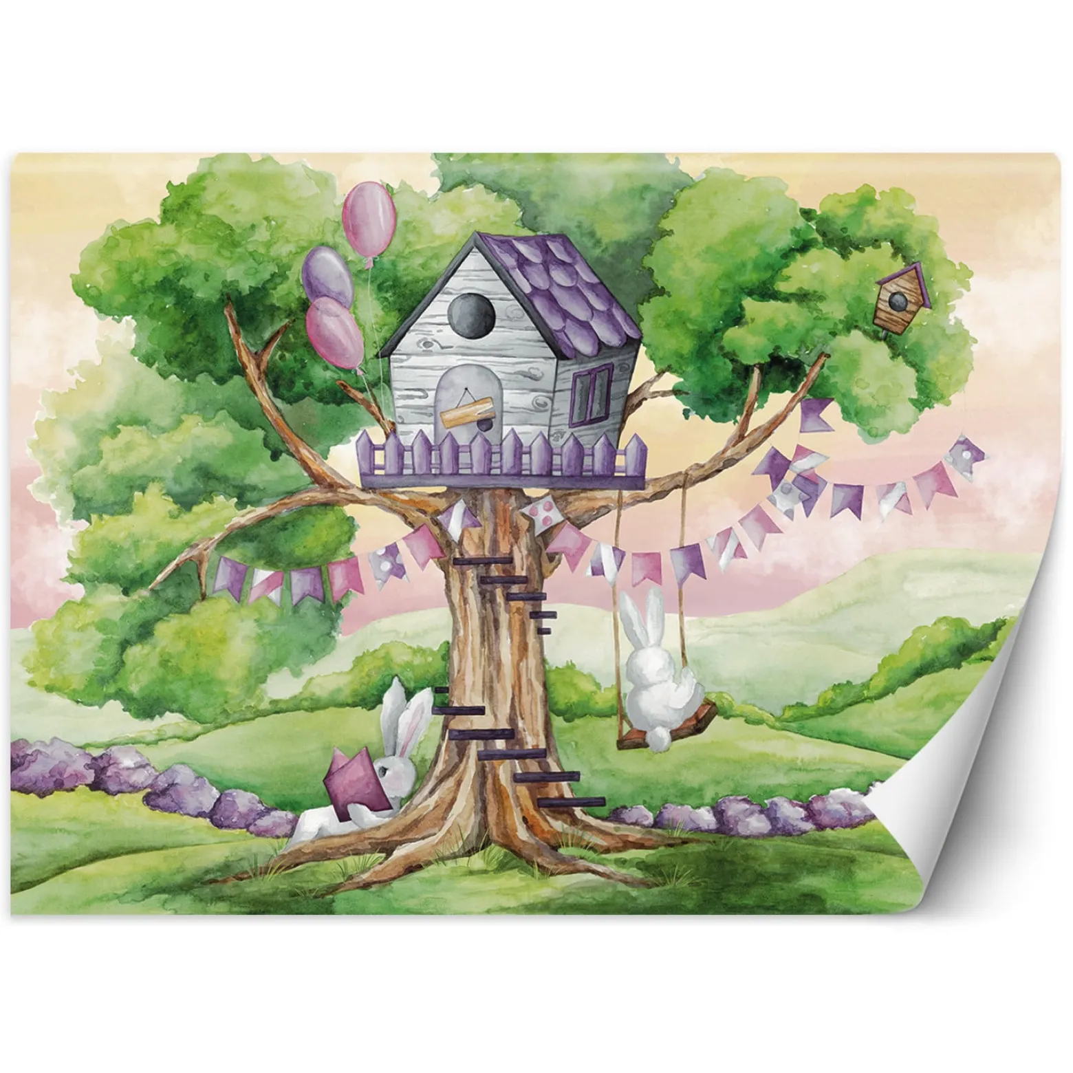 Feeby Fototapeta, Białe króliki chatka na drzewie 150x105
