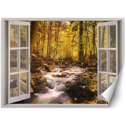 Feeby Fototapeta, Okno widok las górski potok 140x100