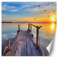 Feeby Fototapeta, Zachód słońca nad jeziorem i lecące ptaki 100x100