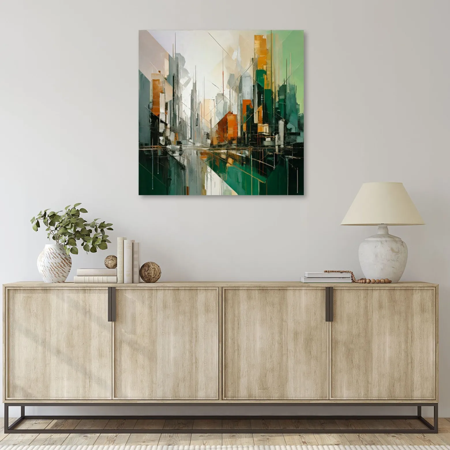 Feeby Obraz do sypialni, Miasto Abstrakcja Geometryczna Zielony 30x30