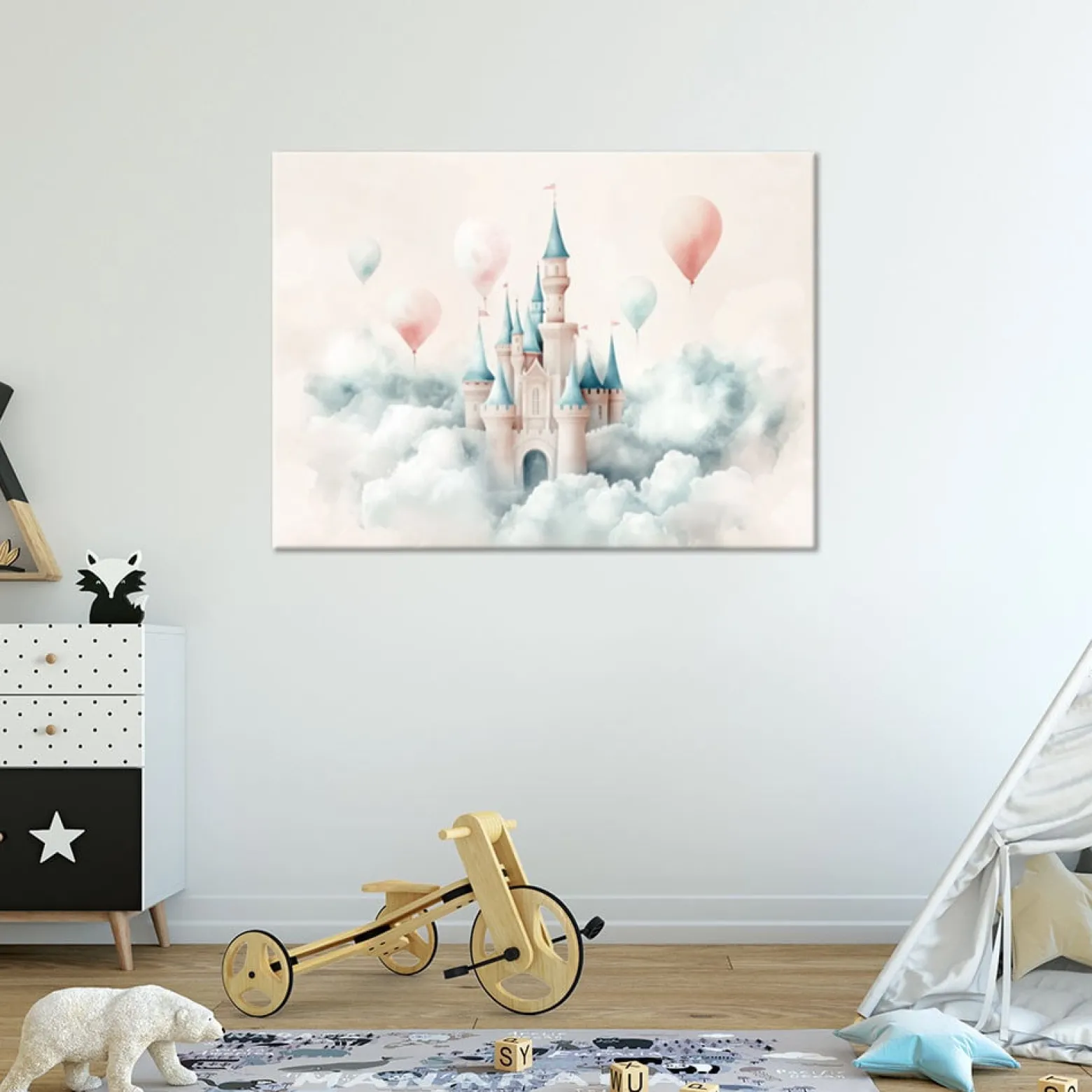 Feeby Obraz dziecięcy na ścianę, Zamek z balonikami w chmurach 60x40