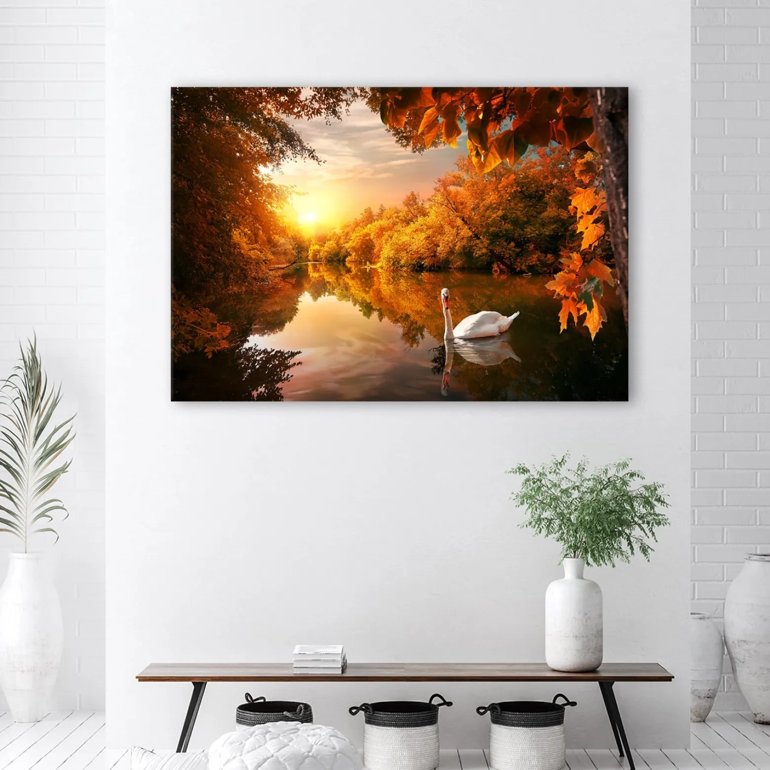 Feeby Obraz na płótnie, Łabędź na stawie jesień 60x40