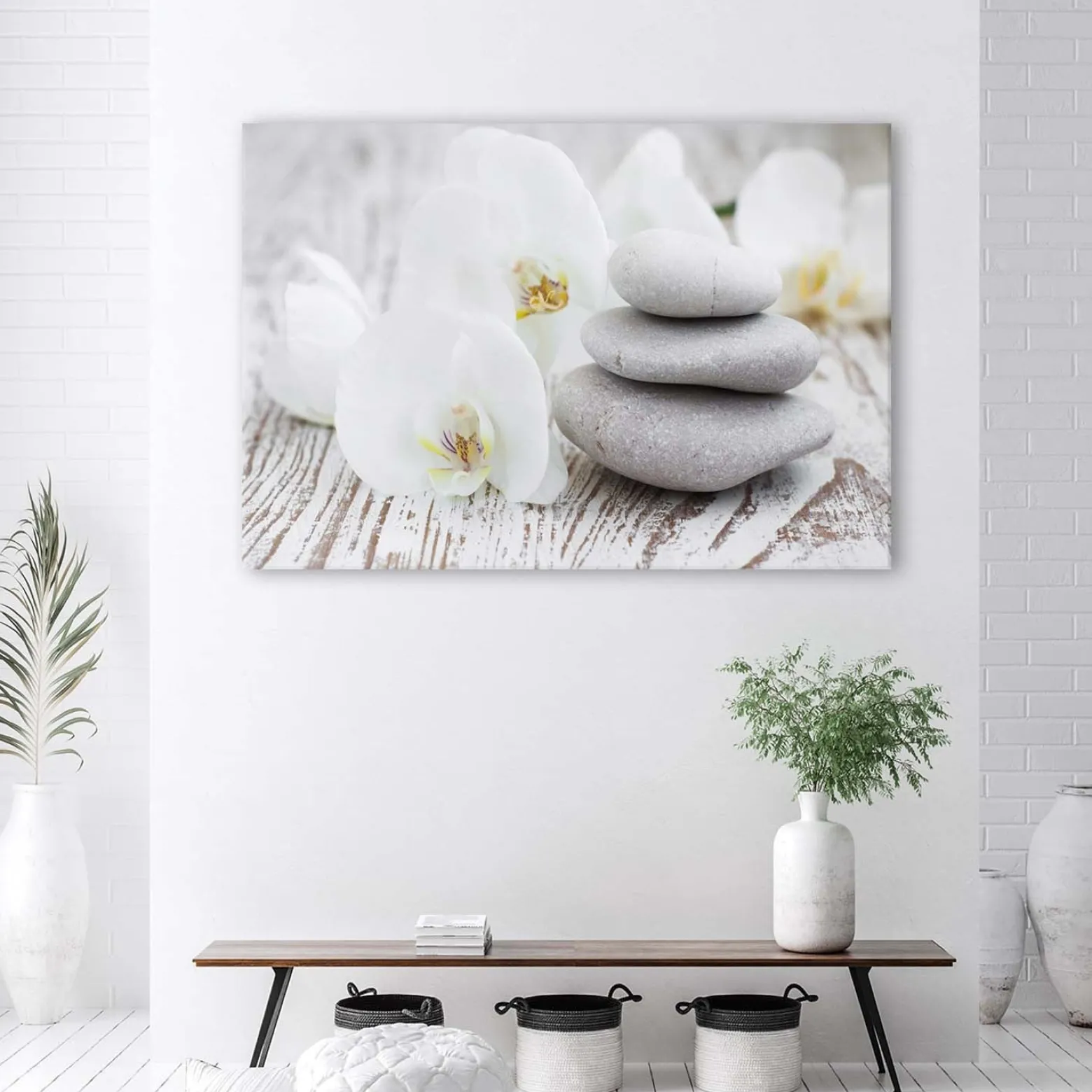 Feeby Obraz na płótnie Biała orchidea i kamienie 60x40
