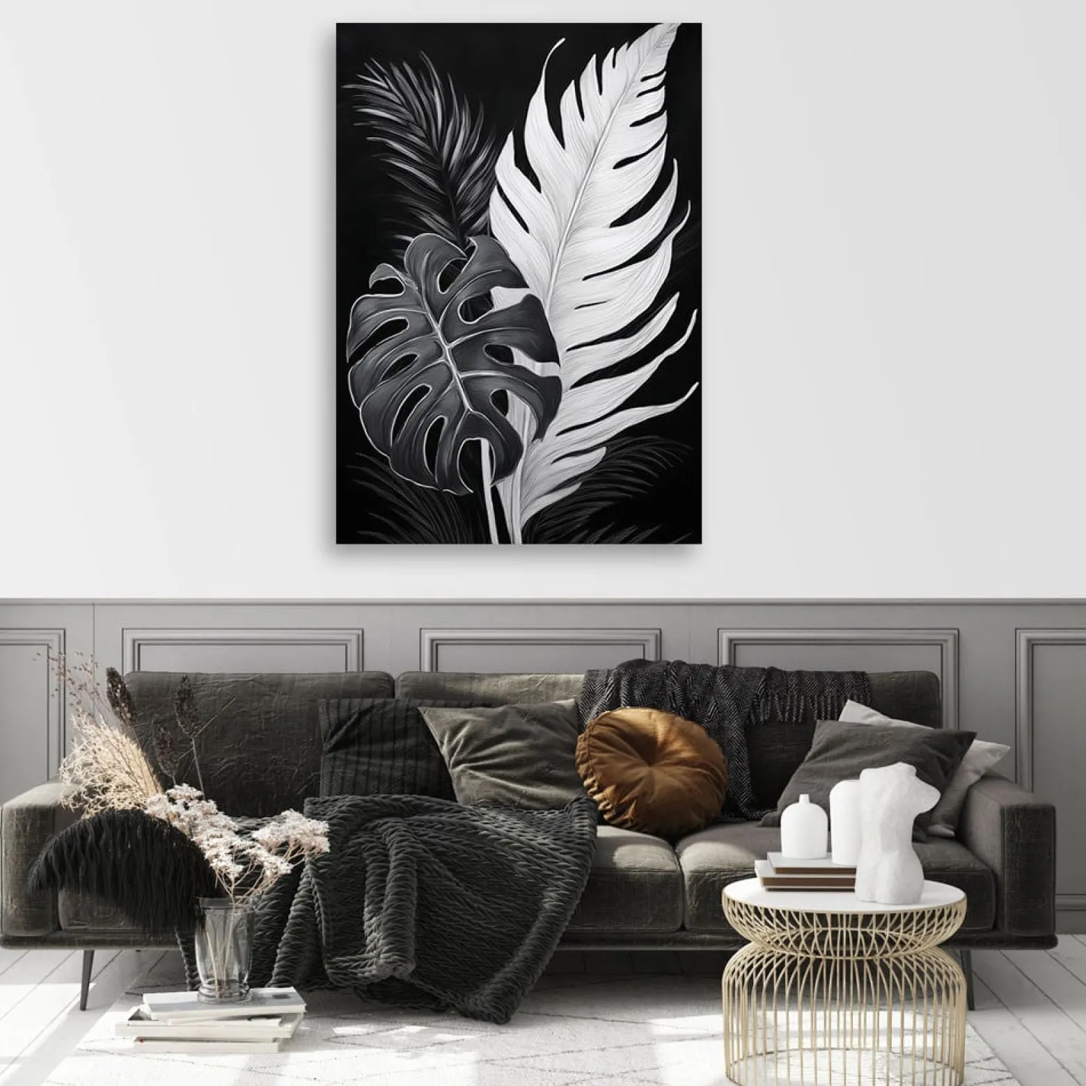 Feeby Obraz na płótnie, Czarno Białe Liście Monstery 40x60