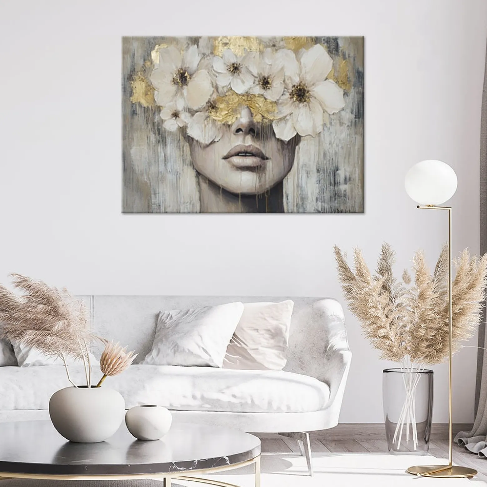 Feeby Obraz na płótnie, Kobieta Kwiaty Złoty Beżowy 60x40
