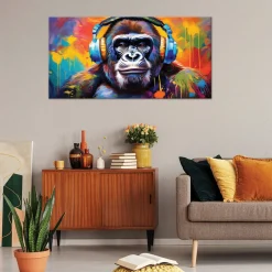 Feeby Obraz na płótnie, Kolorowa Małpa w Słuchawkach 120x60