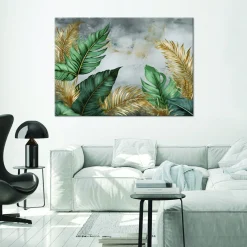 Feeby Obraz na płótnie, Liście Złote I Zielone Na Szarym Tle 60x40