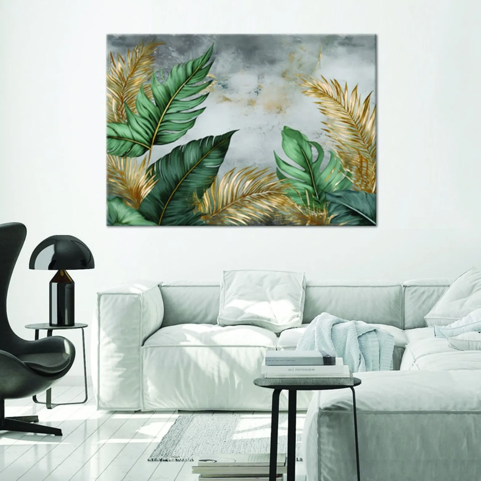 Feeby Obraz na płótnie, Liście Złote I Zielone Na Szarym Tle 60x40