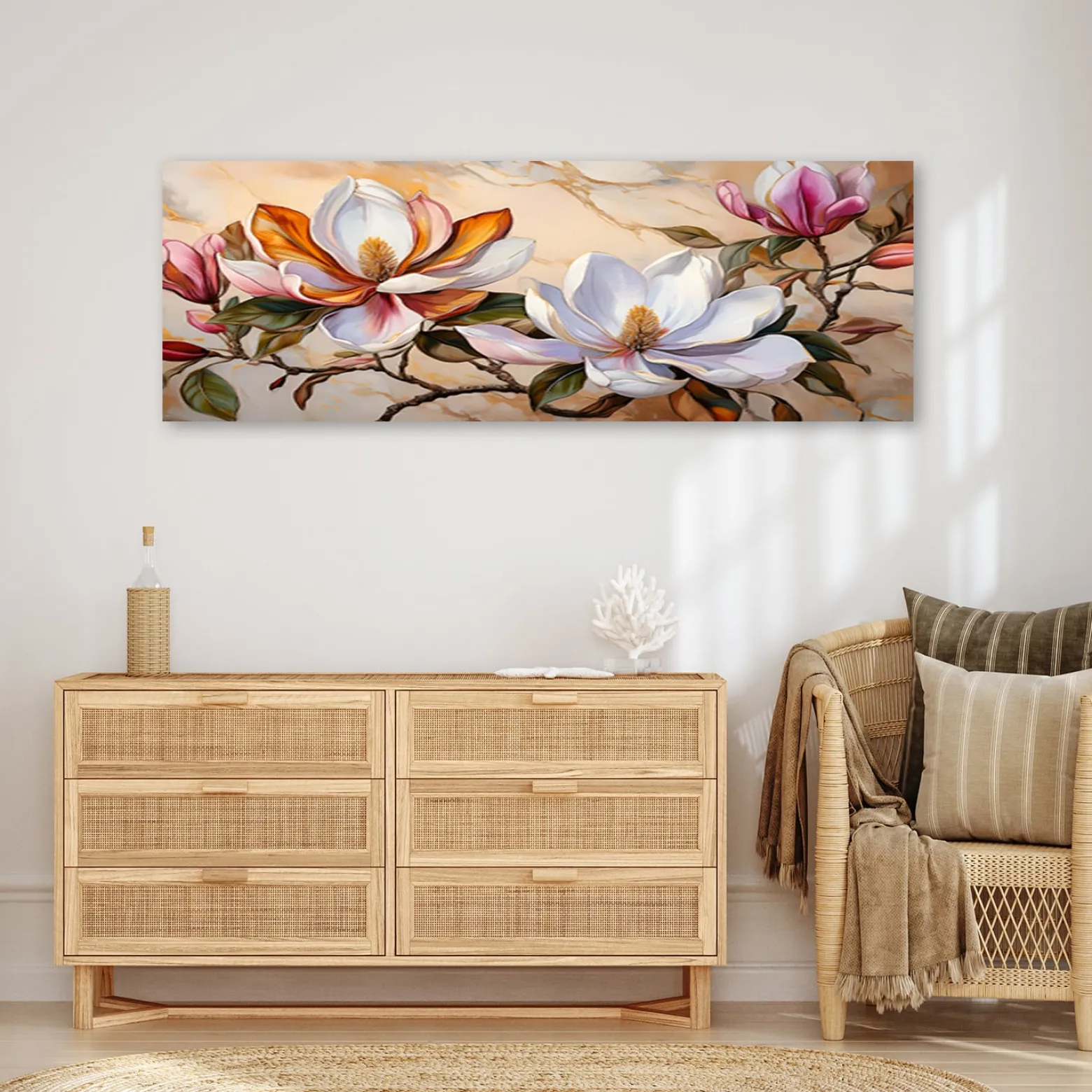 Feeby Obraz na płótnie, Magnolie Gałązka Kwiaty Rośliny Marmur 90x30