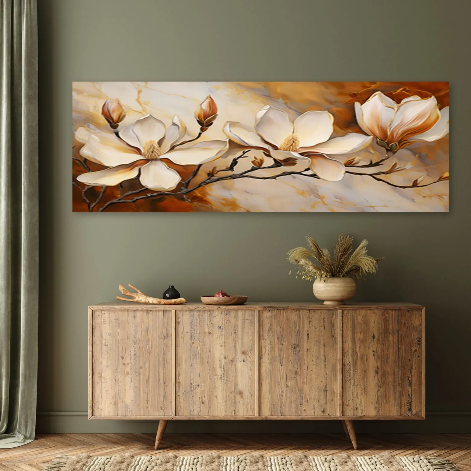 Feeby Obraz na płótnie, Magnolie Glamour Gałązka Marmur 90x30