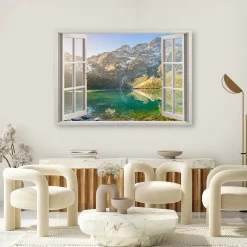 Feeby Obraz na płótnie, Okno Jezioro w górach Natura 60x40
