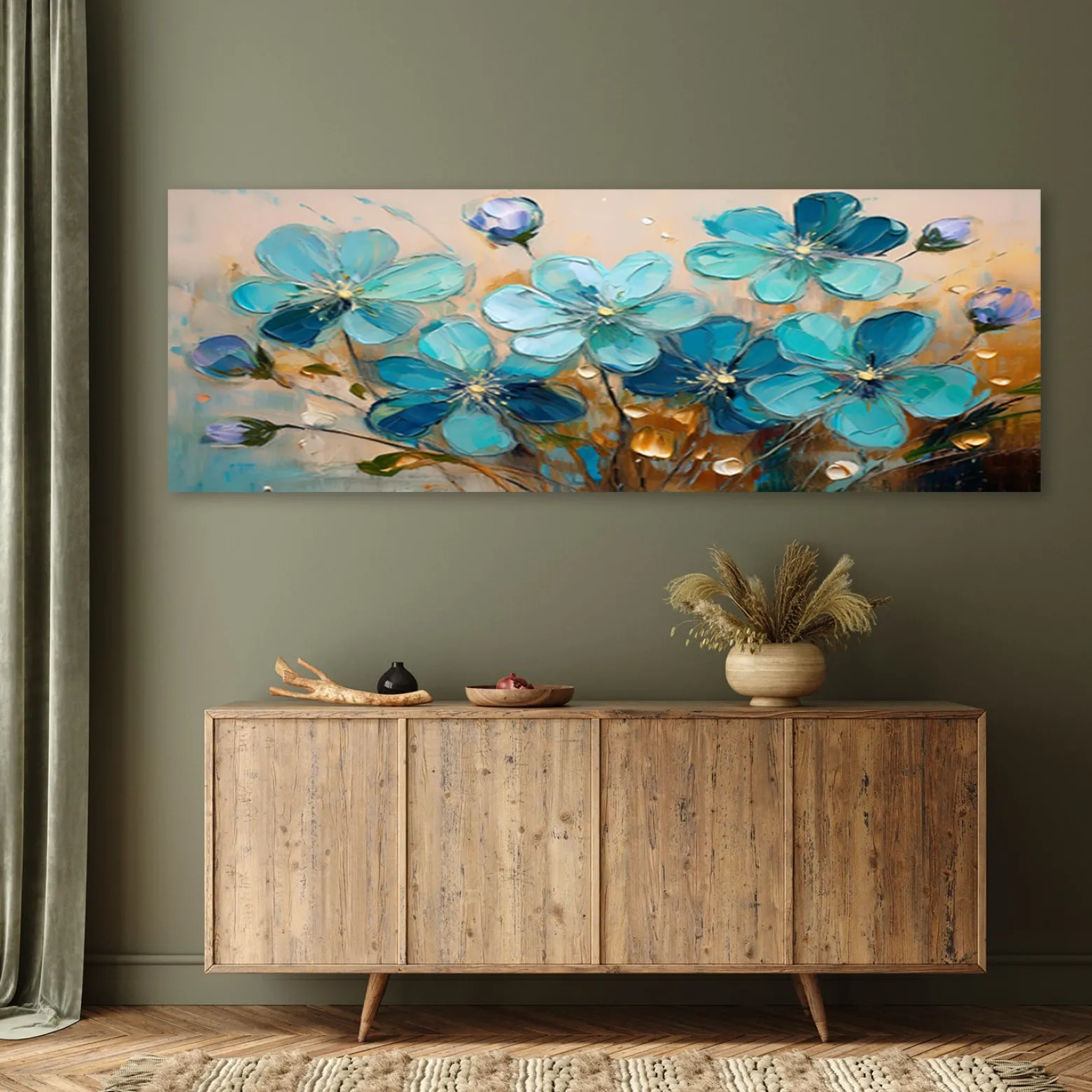 Feeby Obraz na płótnie, Turkusowe Kwiaty Rośliny Natura 90x30