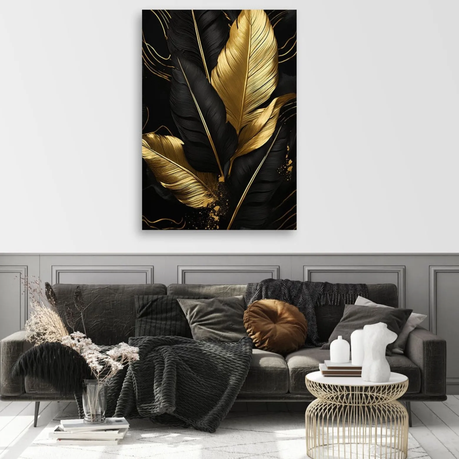 Feeby Obraz nowoczesny, Liście palmy czarno złote 60x90