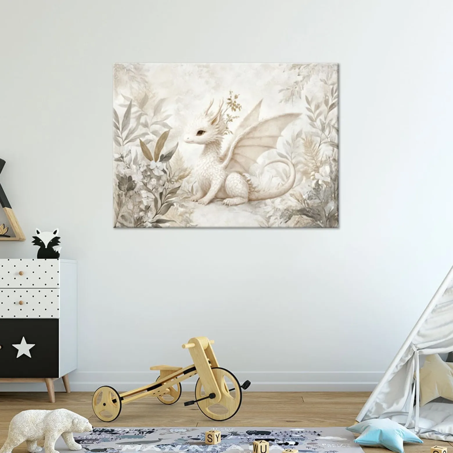 Feeby Obrazy dla dzieci do pokoju, Mały Smok Kwiaty Rośłiny 60x40