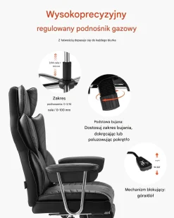Fotel managerski biurowy czarny z podnóżkiem – regulowane podłokietniki