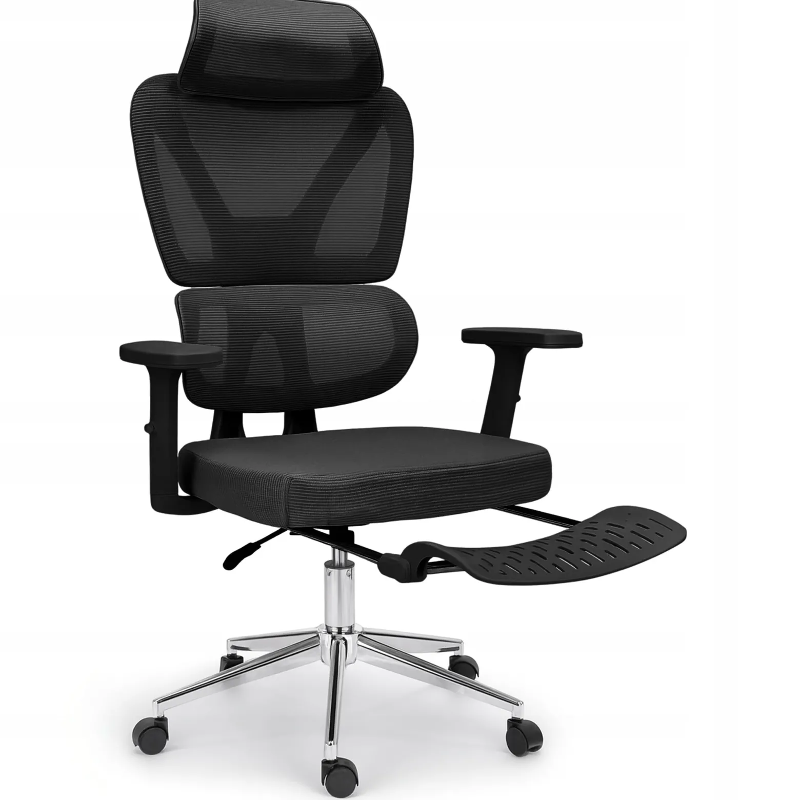 Fotel biurowy ergonomiczny krzesło zagłówek regulacja podnóżek KB107 czarny