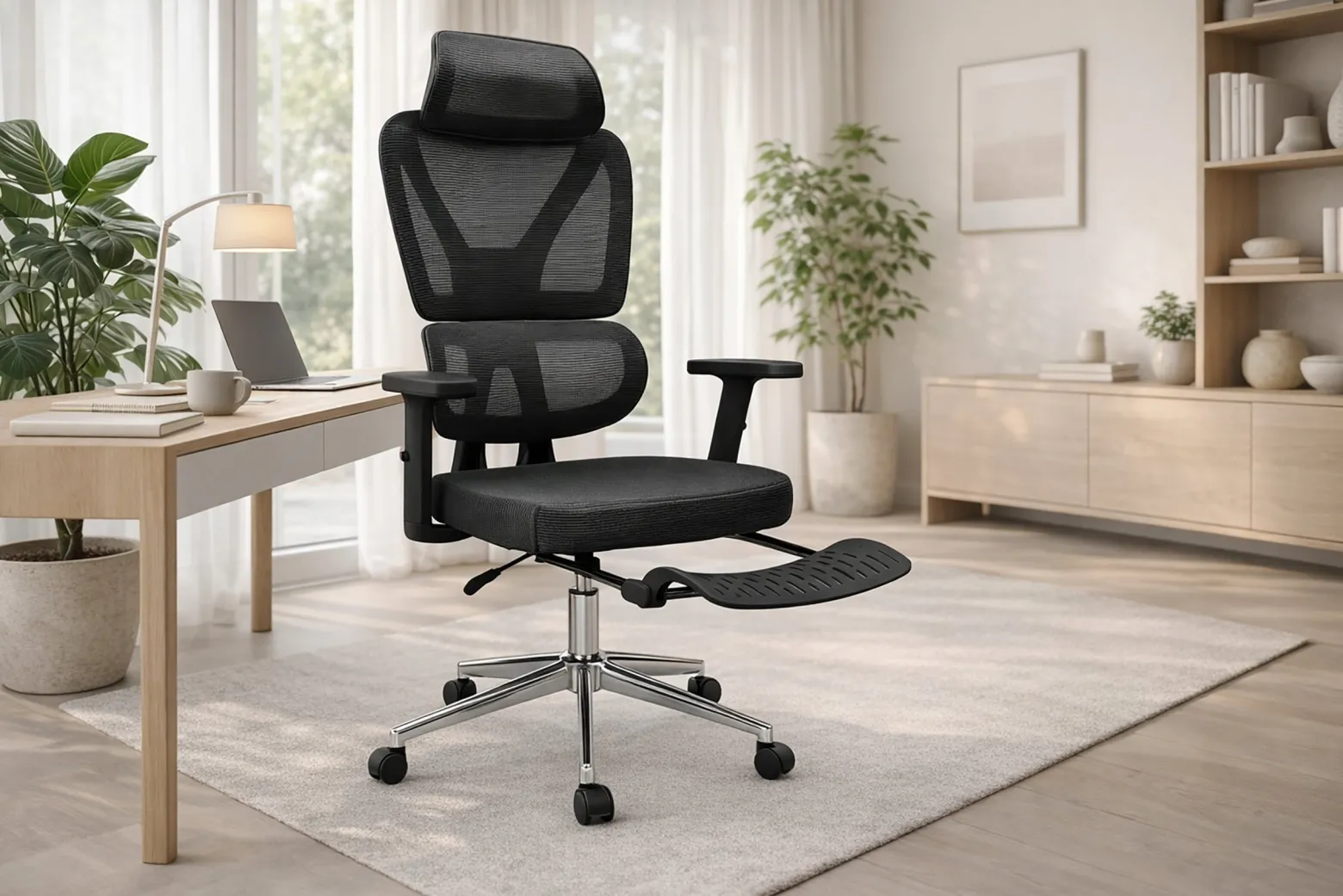 Fotel biurowy ergonomiczny krzesło zagłówek regulacja podnóżek KB107 czarny