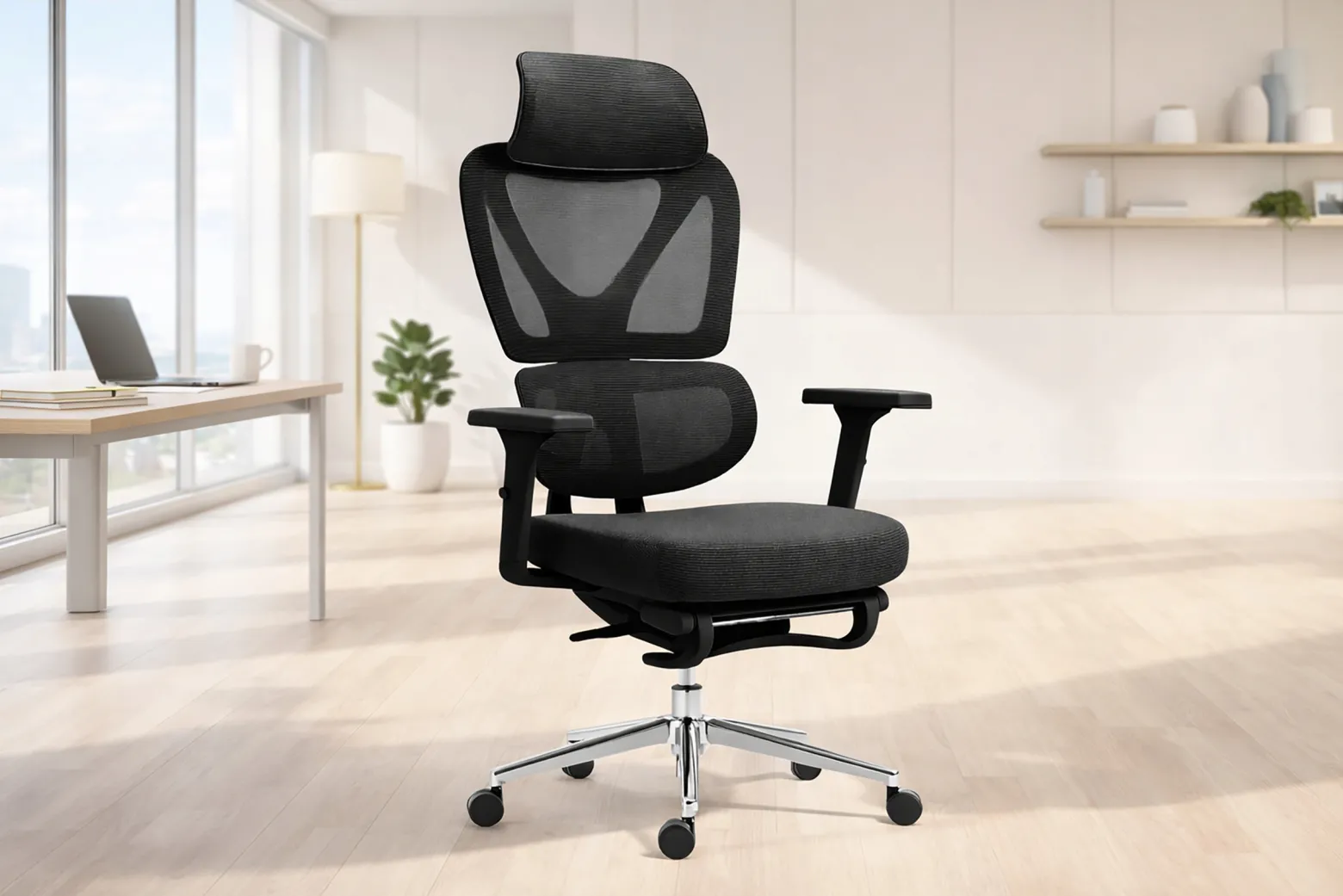 Fotel biurowy ergonomiczny krzesło zagłówek regulacja podnóżek KB107 czarny