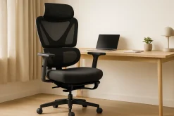 Fotel biurowy ergonomiczny krzesło zagłówek regulacja podnóżek KB107 czarny
