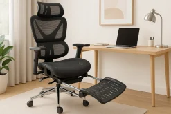 Fotel biurowy ergonomiczny krzesło zagłówek regulacja podnóżek KB106 czarny