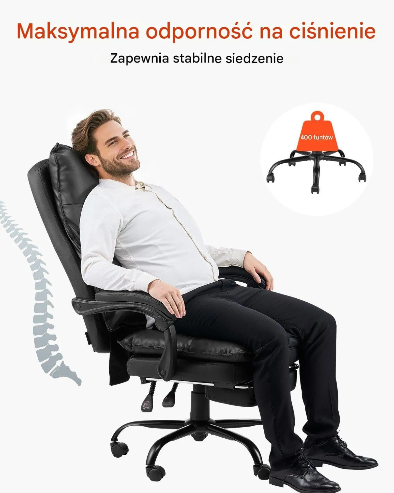 Fotel biurowy managerski z podnóżkiem i poduszką lędźwiową czarny