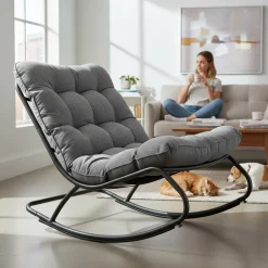 Fotel Bujany VIBE Ogrodowy z Poduszką Stalowy Czarny Szary 115 Cm