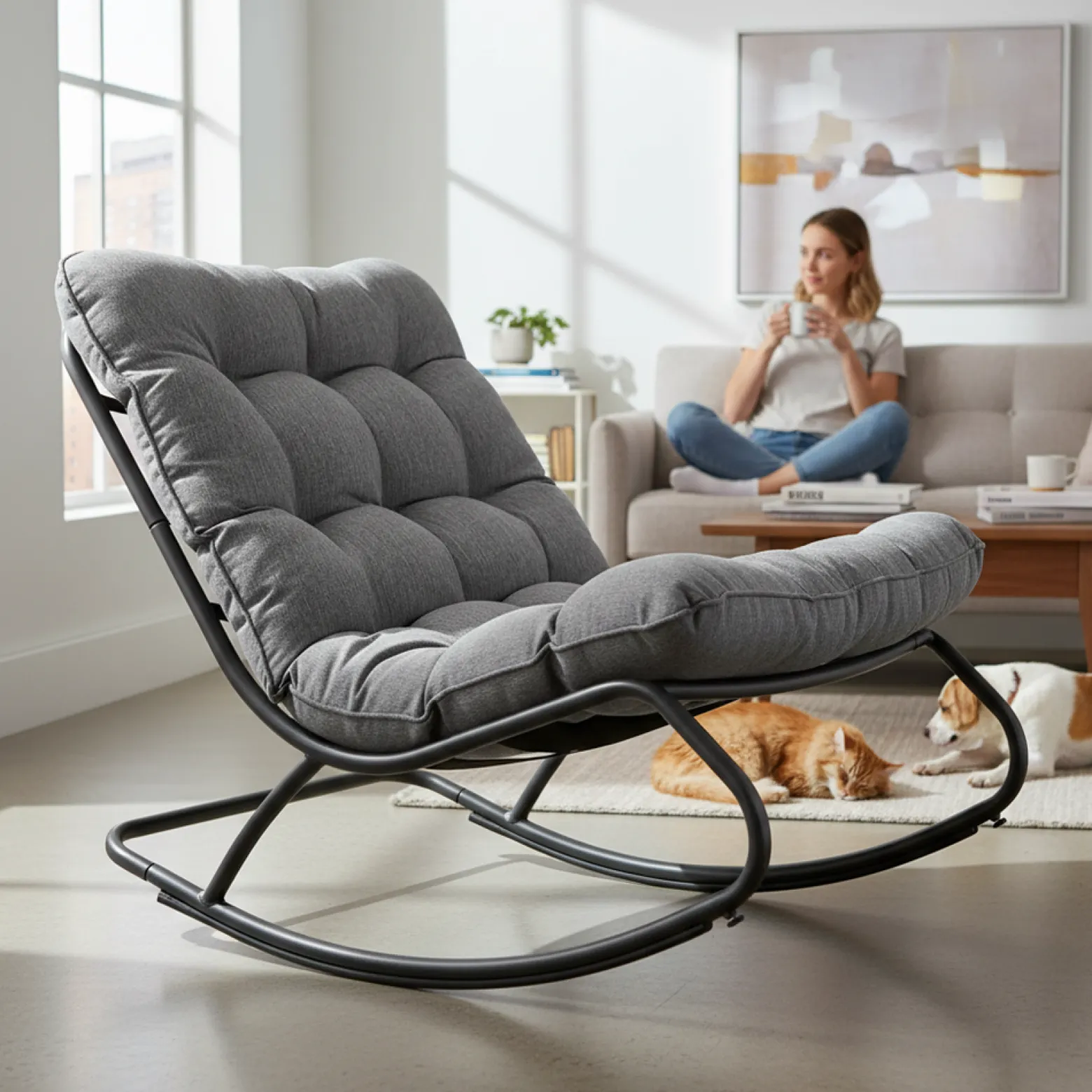 Fotel Bujany VIBE Ogrodowy z Poduszką Stalowy Czarny Szary 115 Cm