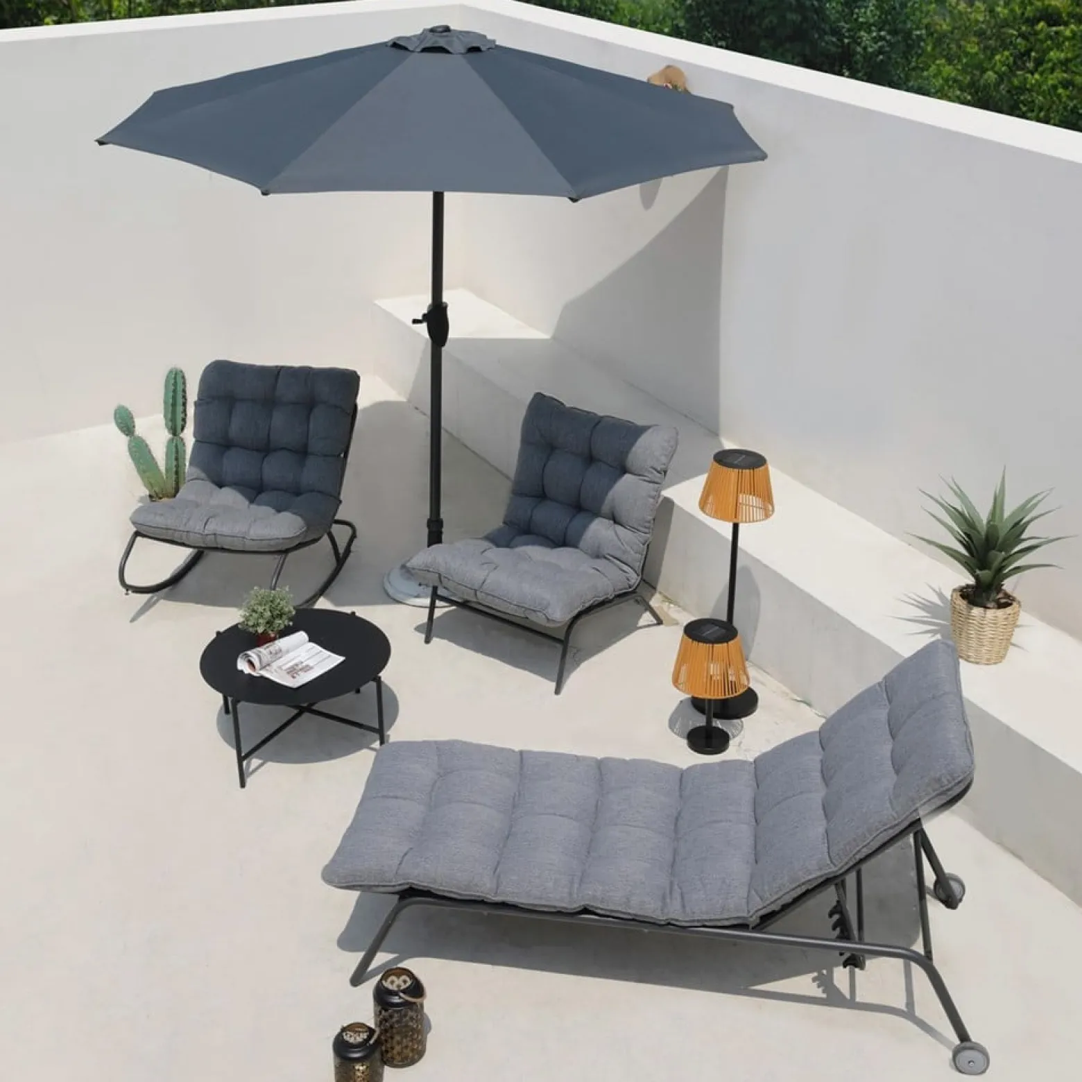 Fotel Bujany VIBE Ogrodowy z Poduszką Stalowy Czarny Szary 115 Cm