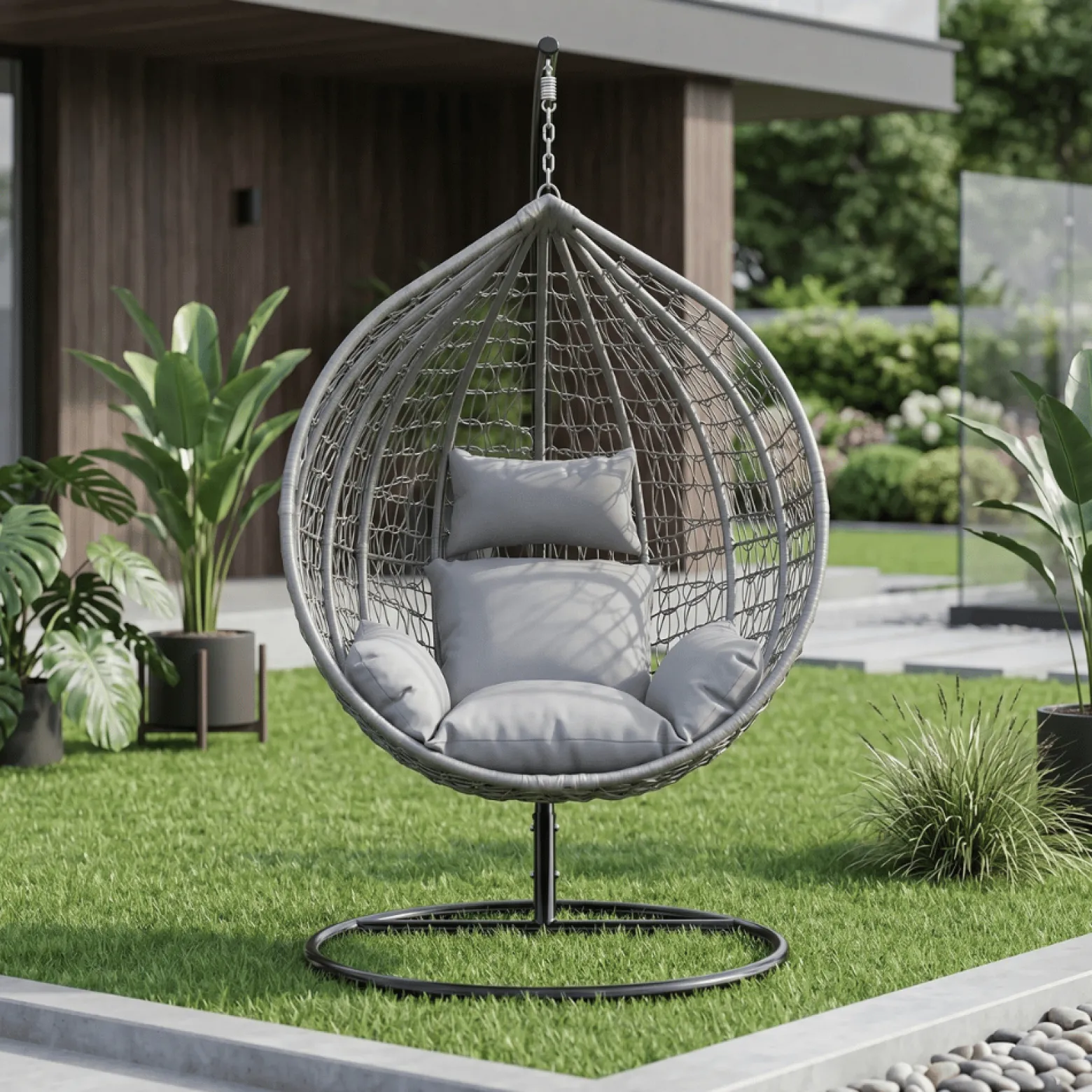 Fotel wiszący kokon ogrodowy ze stelażem poduszki szary FUNFIT GARDEN