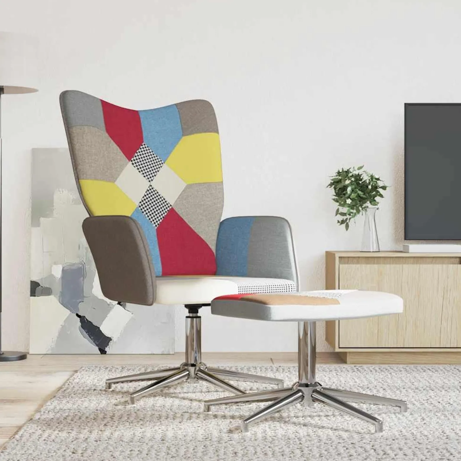 Fotel z Podnóżkiem Fotel Wypoczynkowy Do Salonu Tapicerowany Patchwork