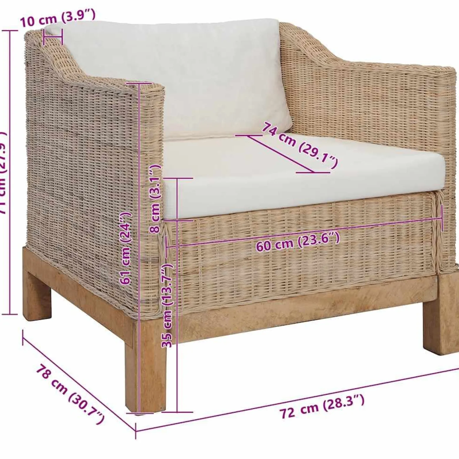 Fotel z poduszkami naturalny rattan