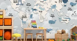 Fototapeta MAPA ŚWIATA Zwierzątka Chmury 90x60cm