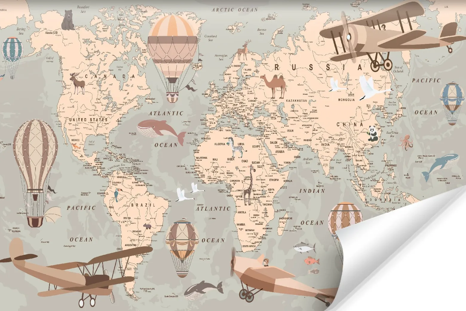 Fototapeta Mapa Świata Zwierzęta Samoloty Balony 90x60cm