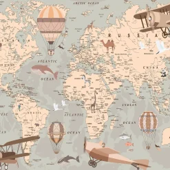 Fototapeta Mapa Świata Zwierzęta Samoloty Balony 90x60cm