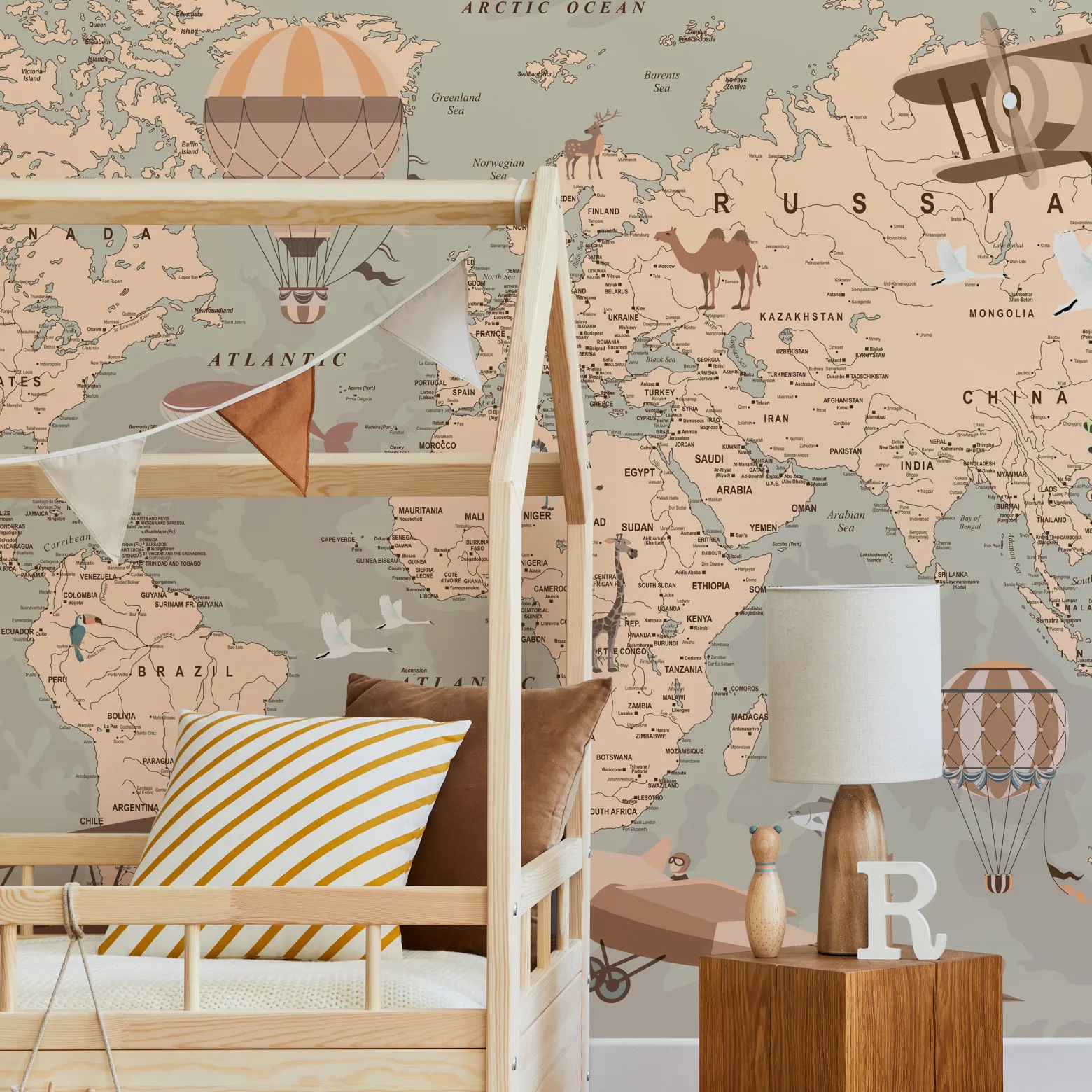 Fototapeta Mapa Świata Zwierzęta Samoloty Balony 90x60cm