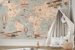 Fototapeta Mapa Świata Zwierzęta Samoloty Balony 90x60cm