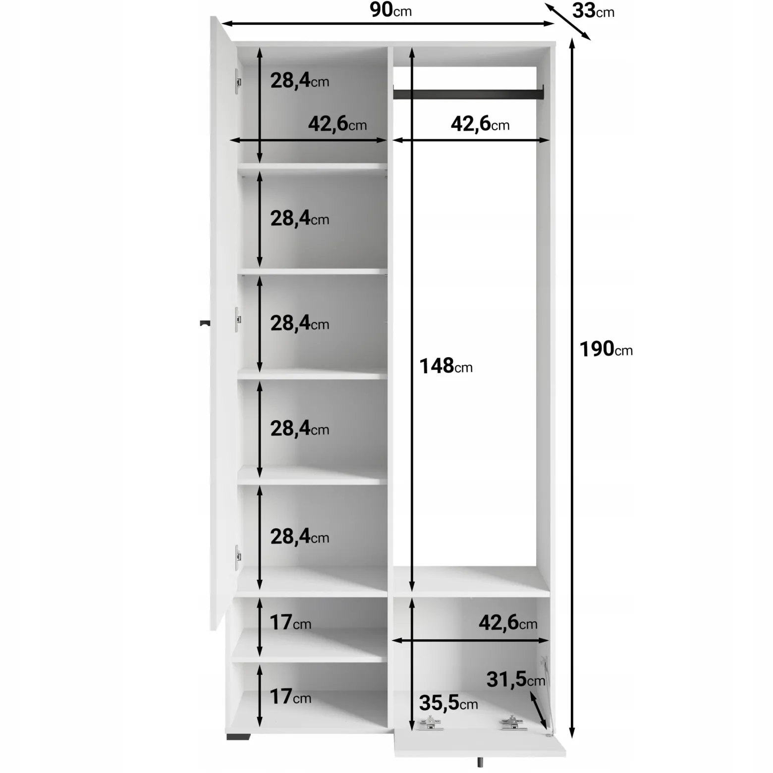 Garderoba 90 cm szafa do przedpokoju z lustrem półkami i drążkiem kaszmir