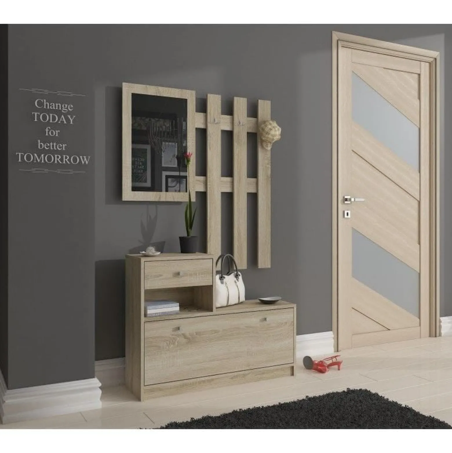 Garderoba, szafka na buty, wieszak, BELLANO, 90x25x170, sonoma,| TYLETEGOTU