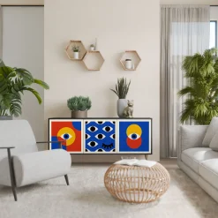 GEOMETRIC EYES Komoda 3 drzwi Czarna-Bukowa skośna