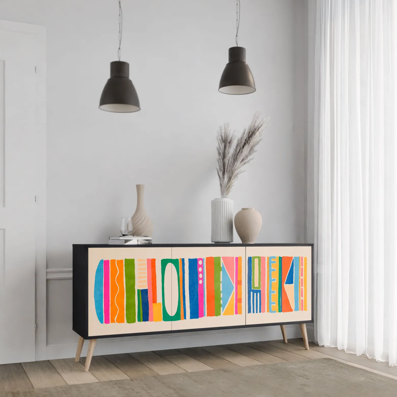 GEOMETRIC SHINE Komoda 3 drzwi Czarna-Bukowa skośna