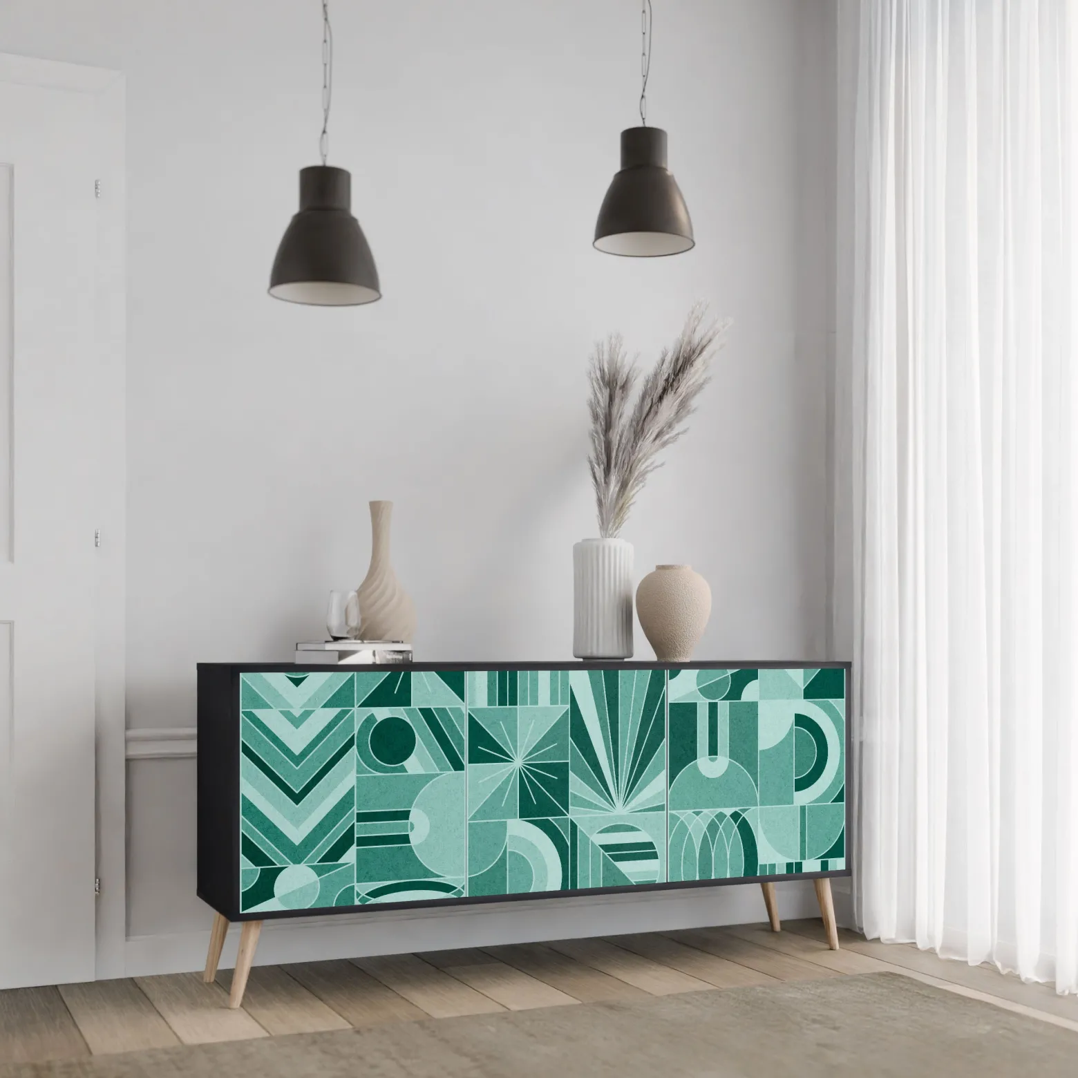 HARMONIC GRID Komoda 3 drzwi Czarna-Bukowa skośna
