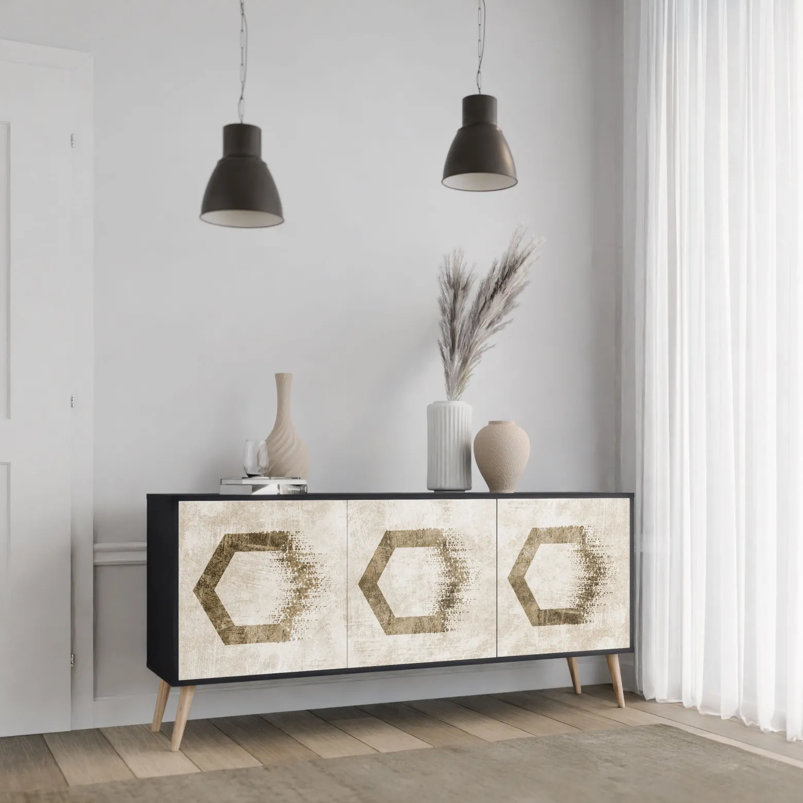 HEXAGONAL SHAPES Komoda 3 drzwi Czarna-Bukowa skośna