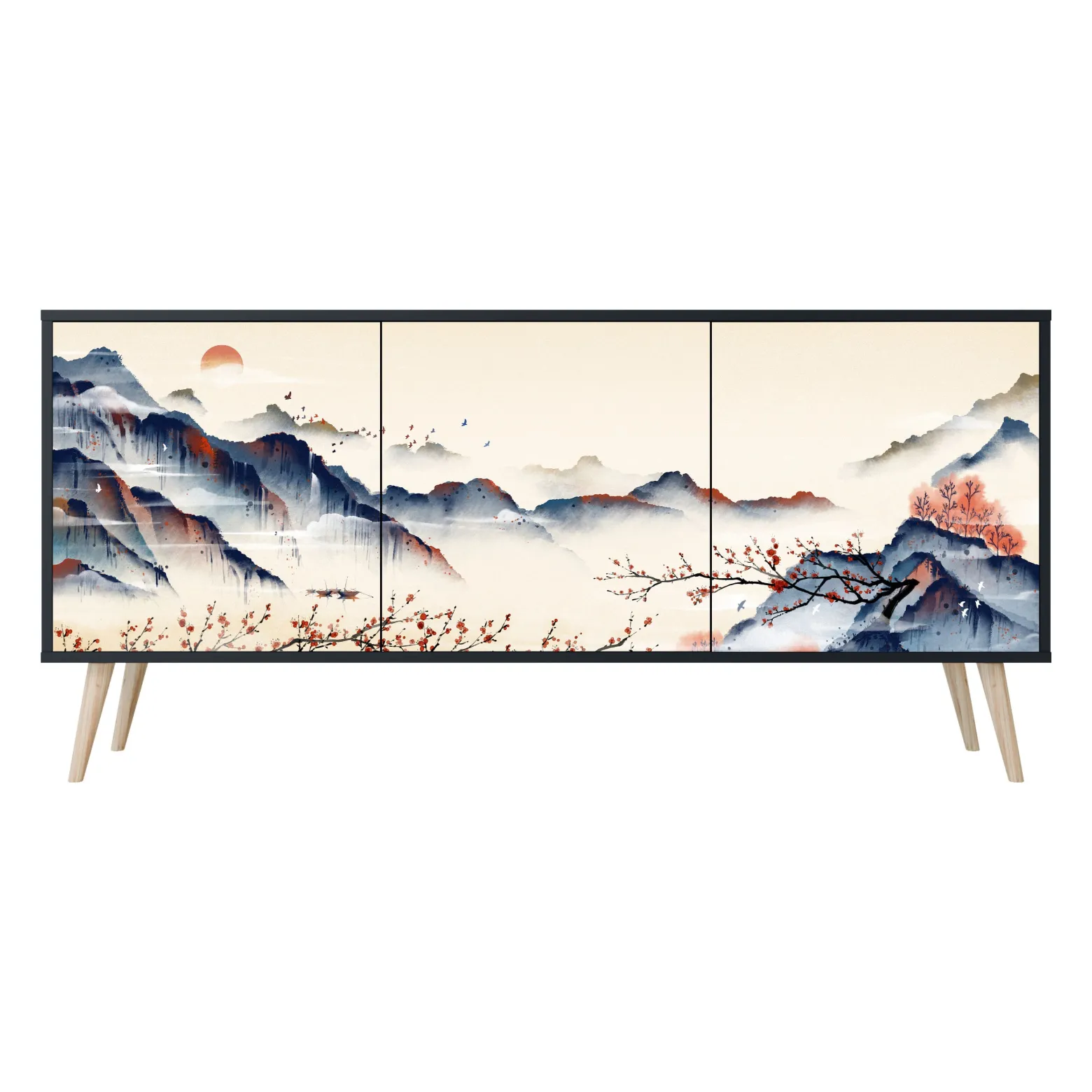 JAPANESE LANDSCAPE Komoda 3 drzwi Czarna-Bukowa skośna