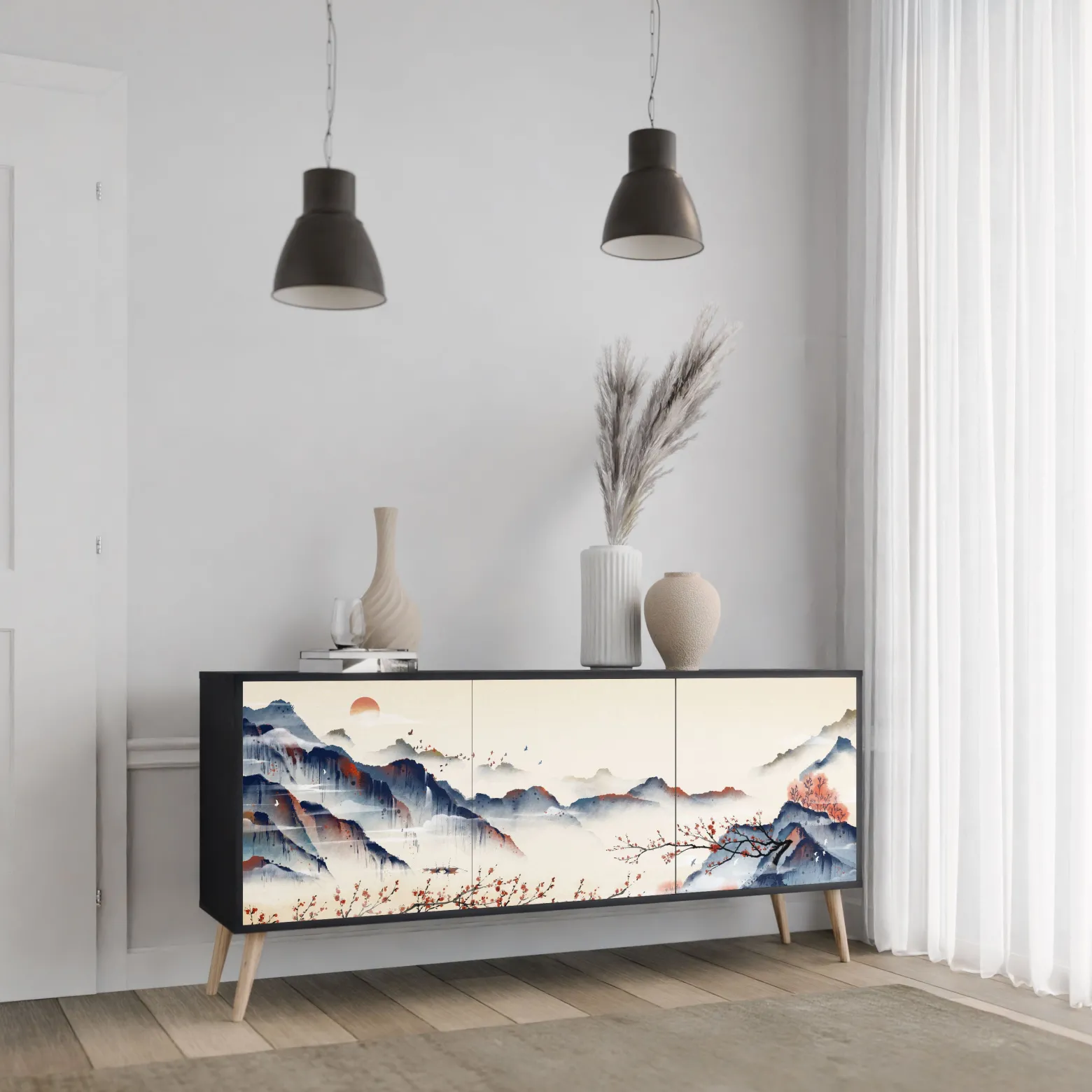 JAPANESE LANDSCAPE Komoda 3 drzwi Czarna-Bukowa skośna