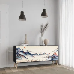 JAPANESE LANDSCAPE Komoda 3 drzwi Czarna-Bukowa skośna