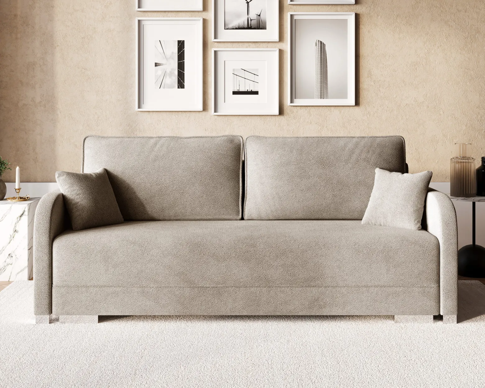 Jasnobeżowa sofa z funkcją spania i pojemnikiem GOJA boucle