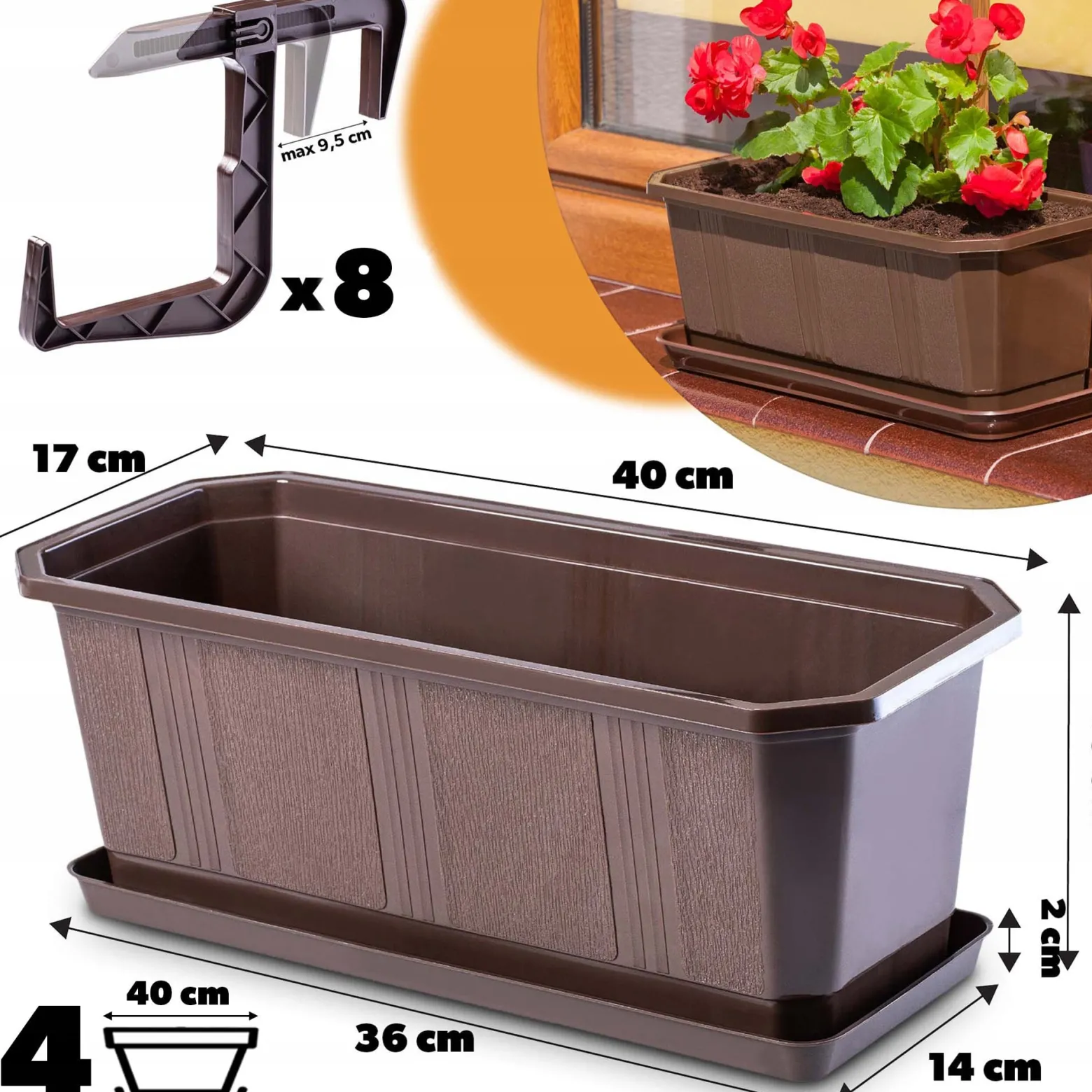 Kadax 4x Skrzynka Balkonowa 40cm Uchwyty Brązowa