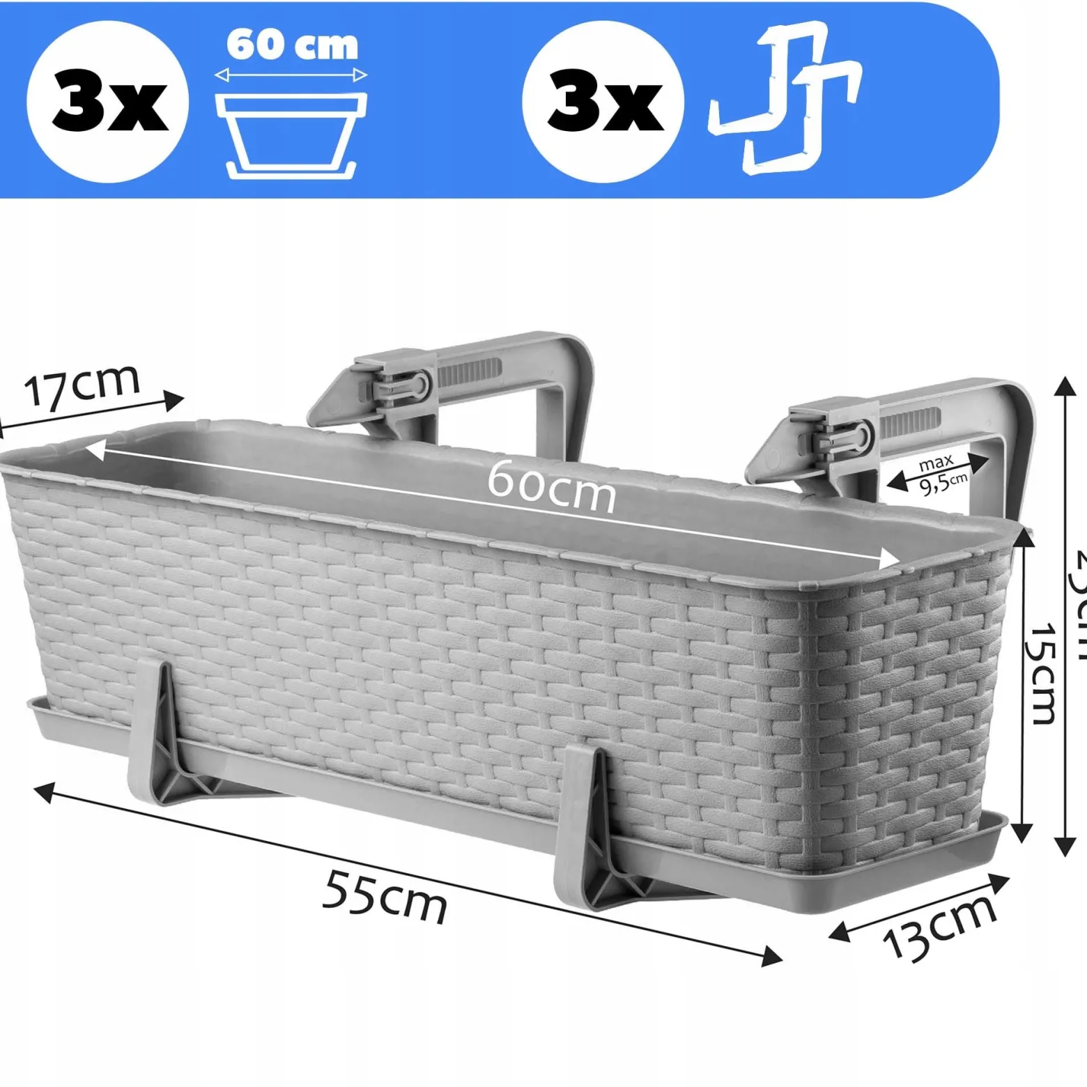Kadax 3x Skrzynka Balkonowa 60cm + Uchwyty Szara