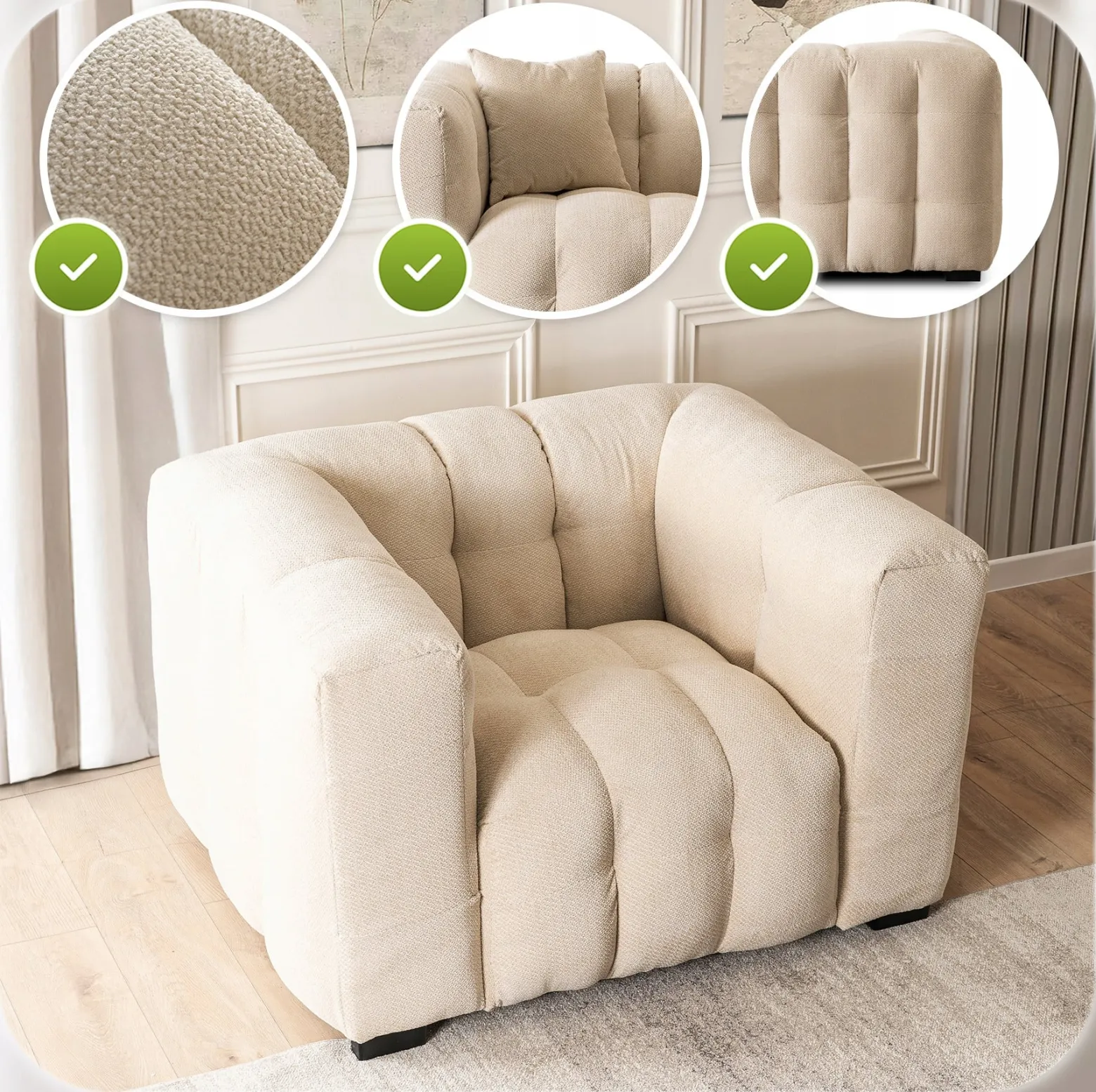 Kanapa Sofa Glamour Jednoosobowa Do Salonu Wygodna Kremowa MODERNO 1S